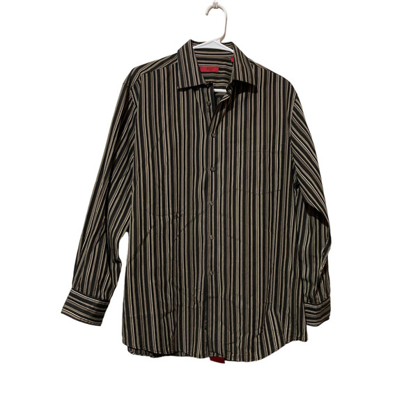 Alfani Mens Button-Up Shirt Black Striped Long Sleeve Point Collar Pocket L 16 - Picture 1 of 8